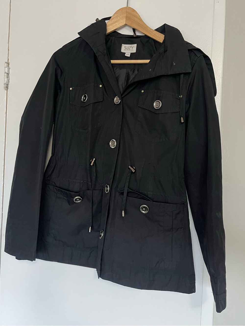 Suzy Shiet Size small Black Hooded Utility Jacket
